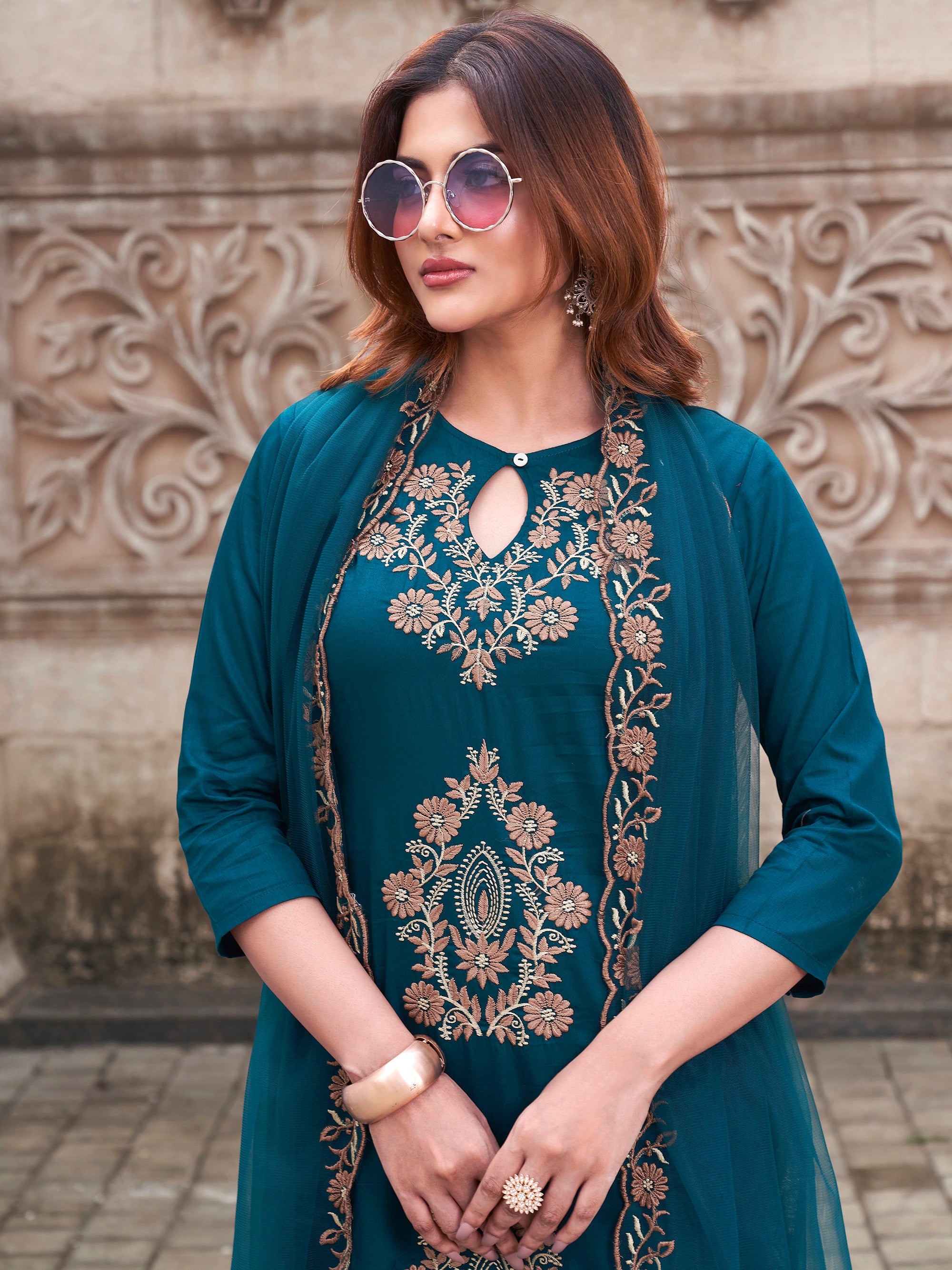 Teal Cotton Blend With Brown Tone Placement Embroidery Keyhole Kurta Set